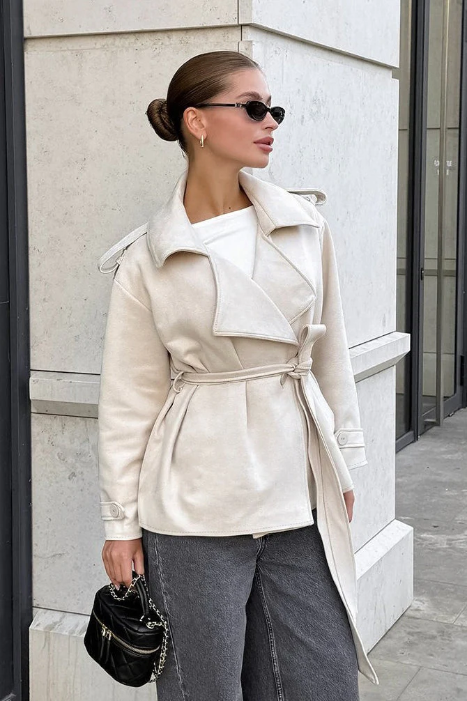 Suede Solid Tie Waist Thickened Warm Coat - Image 7