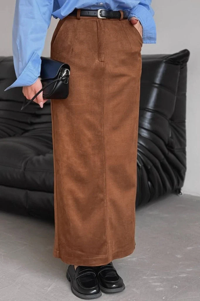 Suede Vintage Brown Straight Slit Long Skirt - Image 2