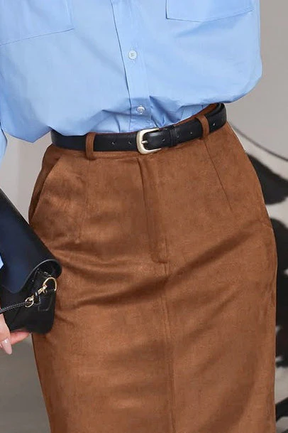 Suede Vintage Brown Straight Slit Long Skirt - Image 4