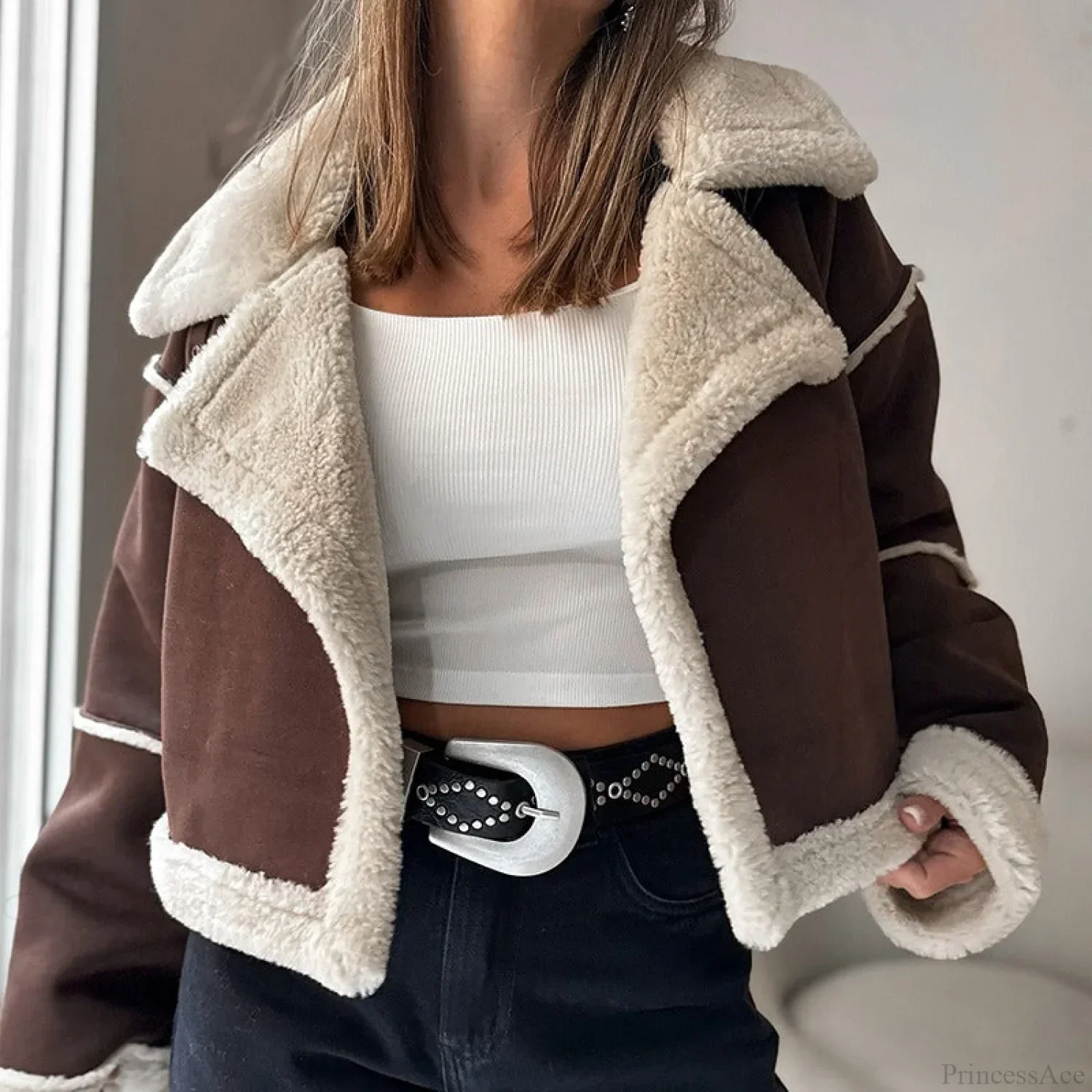 Suede Wide Lapel Cropped Fleece-Lined Long Sleeve Coat - Image 2