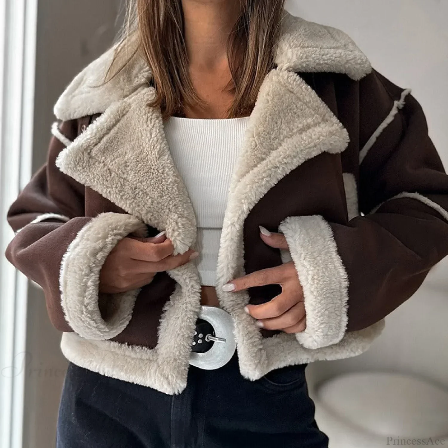 Suede Wide Lapel Cropped Fleece-Lined Long Sleeve Coat - Image 4