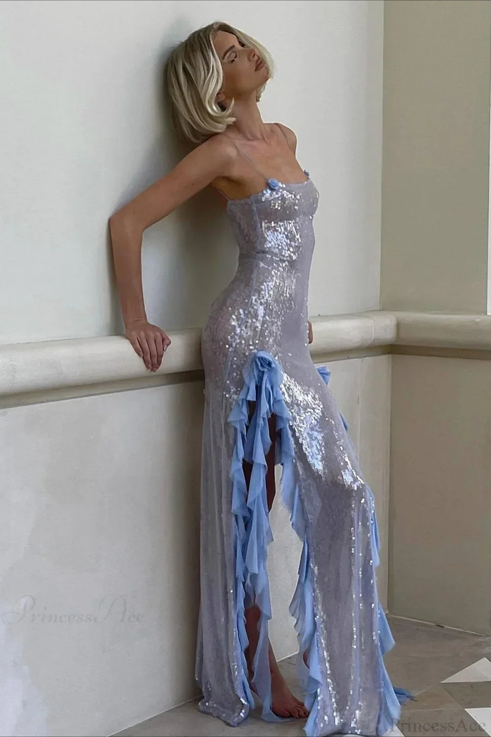Sultry Sequined Ruffled 3D Floral Evening Dress - Image 2