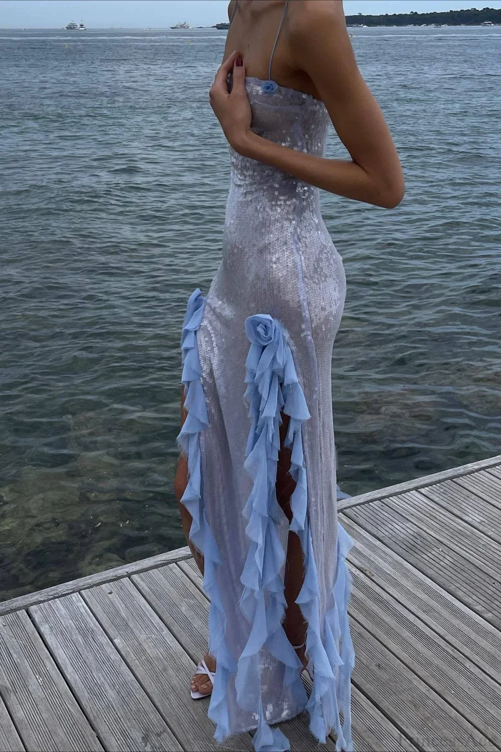 Sultry Sequined Ruffled 3D Floral Evening Dress - Image 6