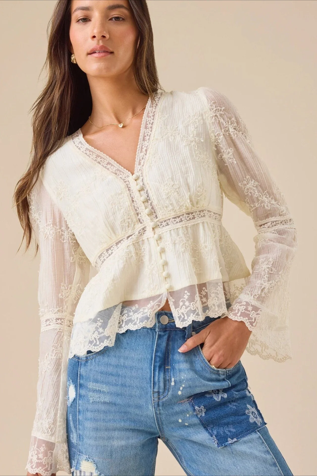 Lace Casual Hollow Out Long Sleeve Blouse - Image 2
