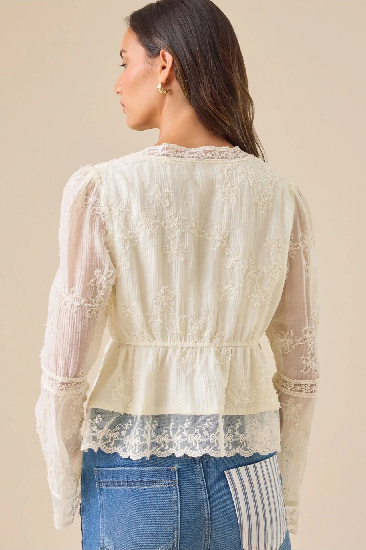 Lace Casual Hollow Out Long Sleeve Blouse - Image 3