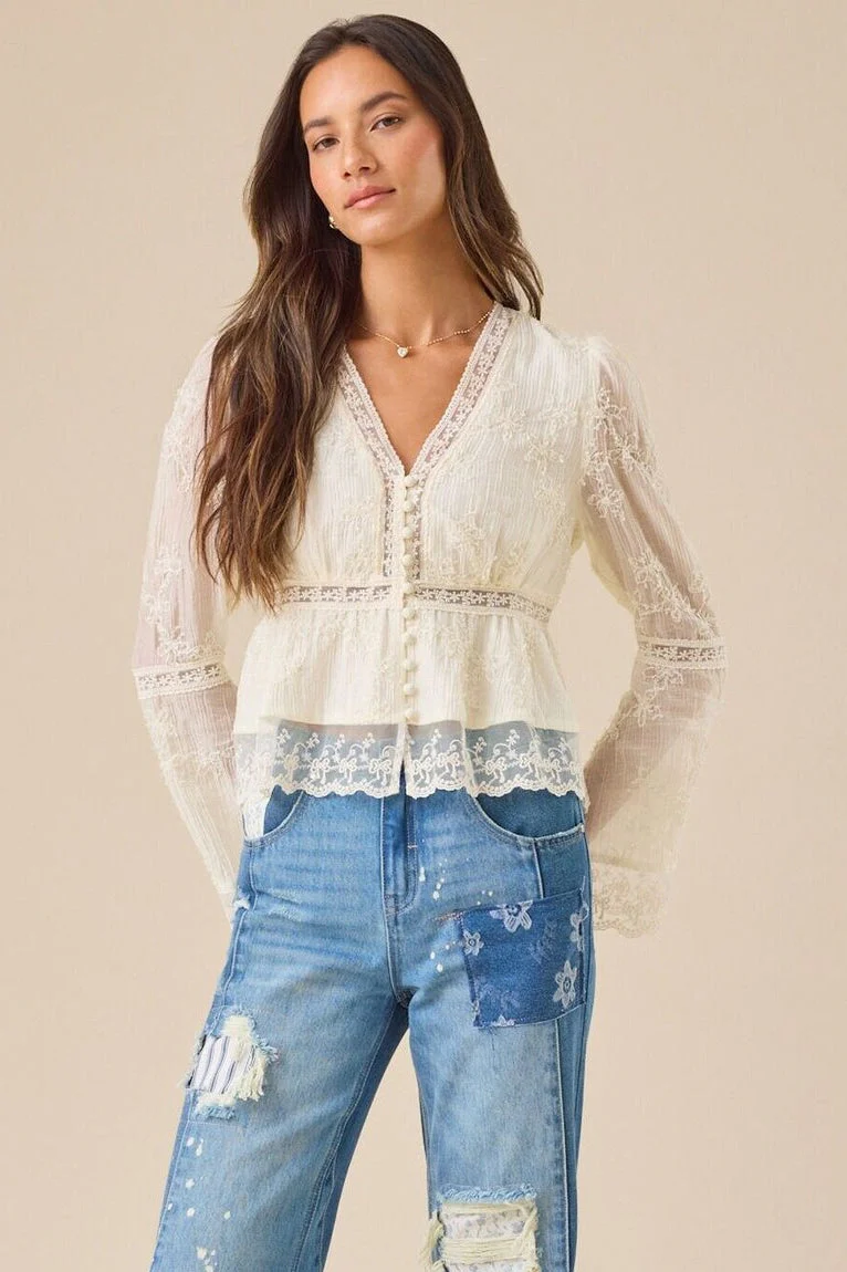 Lace Casual Hollow Out Long Sleeve Blouse - Image 4