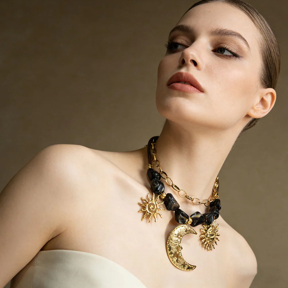 Sun Moon Stainless Steel Resin Beaded NeckLace - Image 3