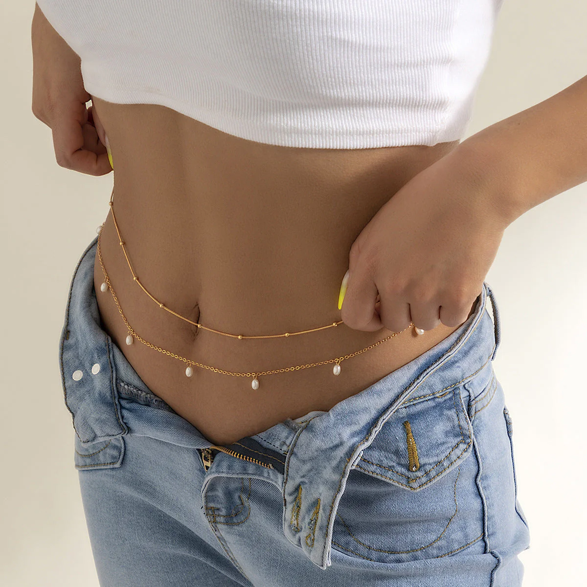Sweet Cool Stackable Faux Pearl Metal Waist Body Chain - Image 3