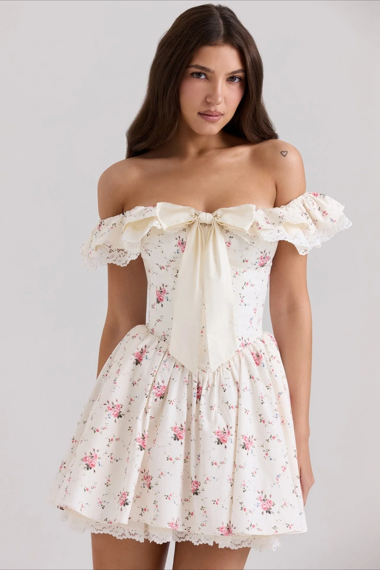 Sweet Floral Bow Off Shoulder Mini Dress - Image 2
