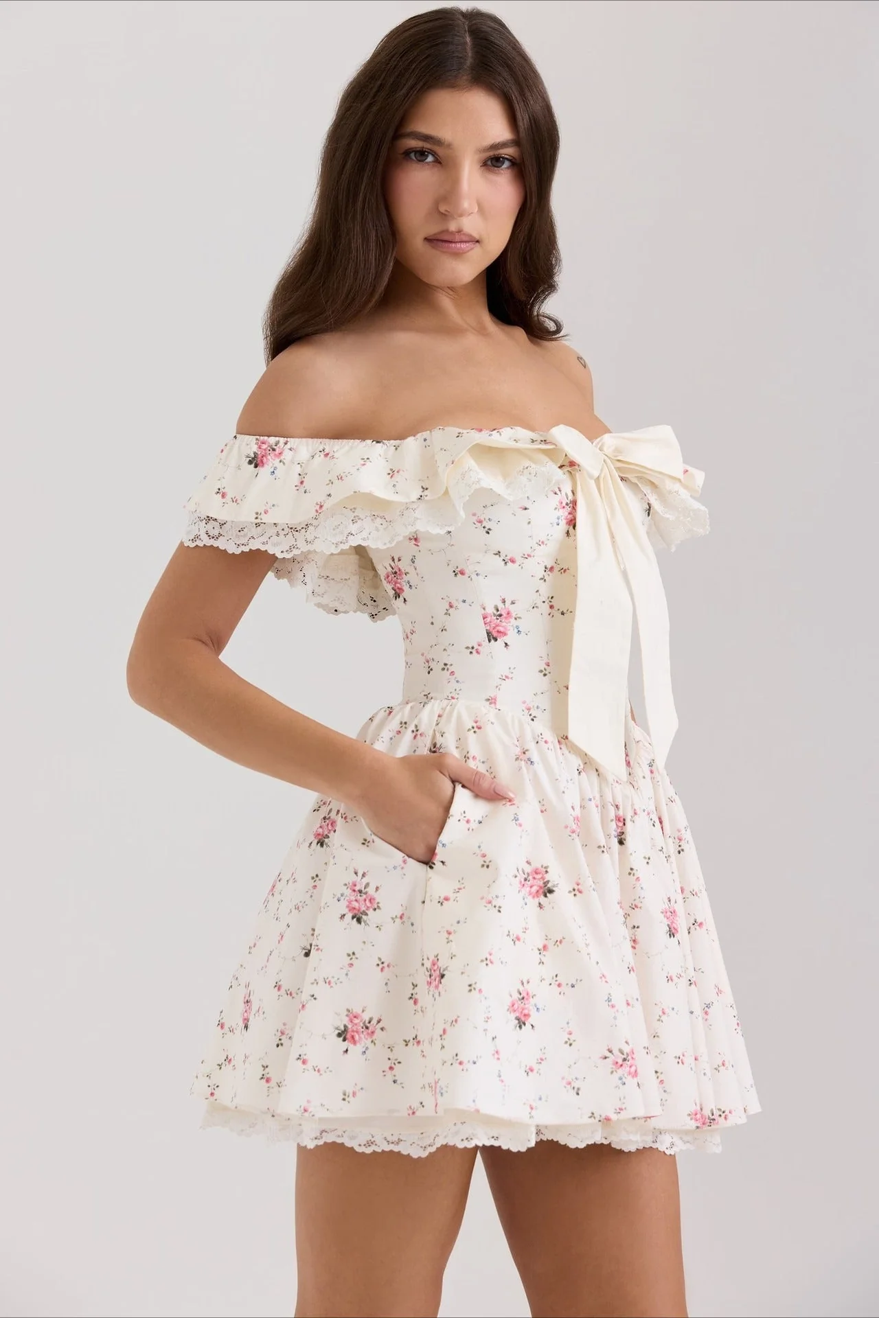 Sweet Floral Bow Off Shoulder Mini Dress - Image 3