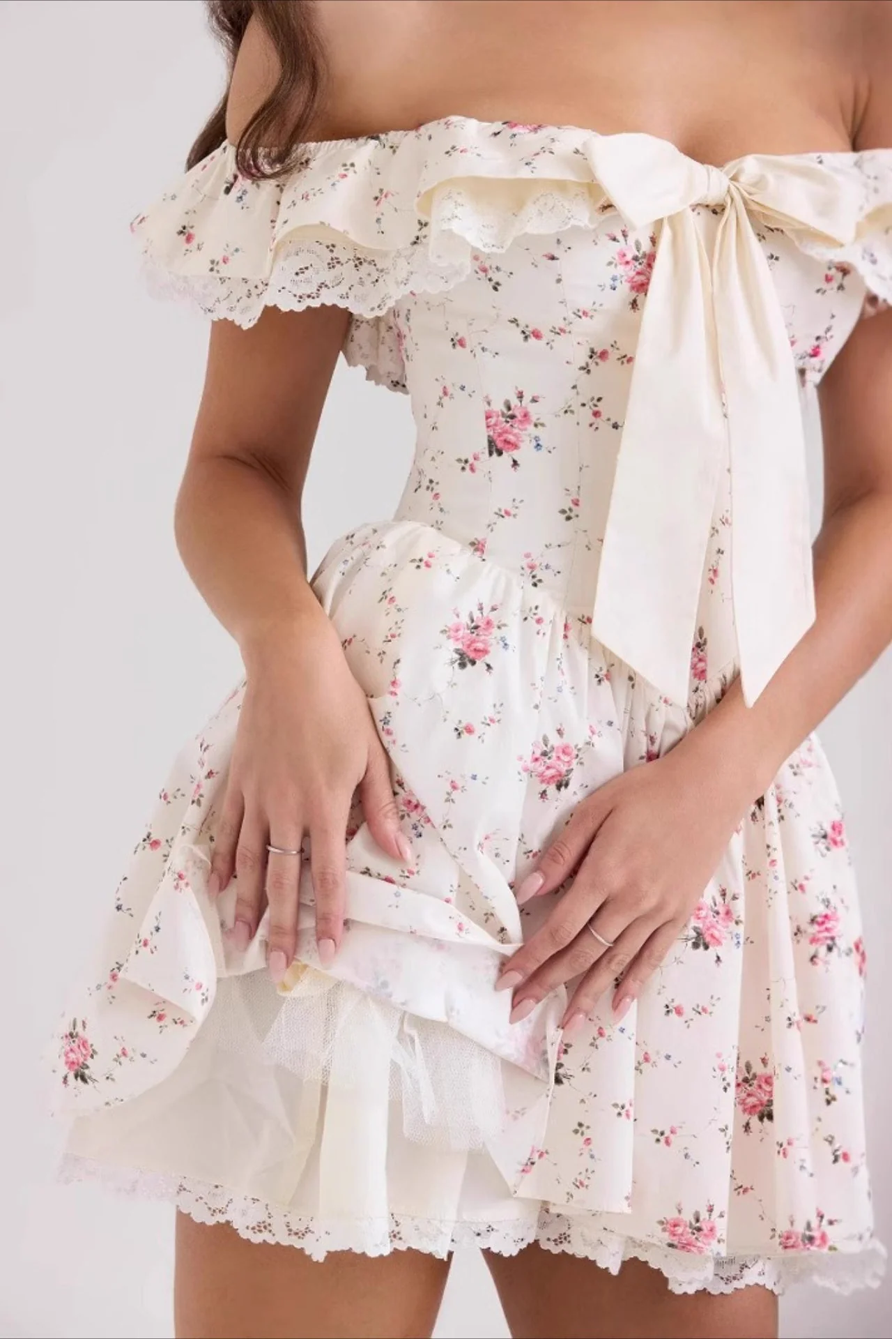 Sweet Floral Bow Off Shoulder Mini Dress - Image 4