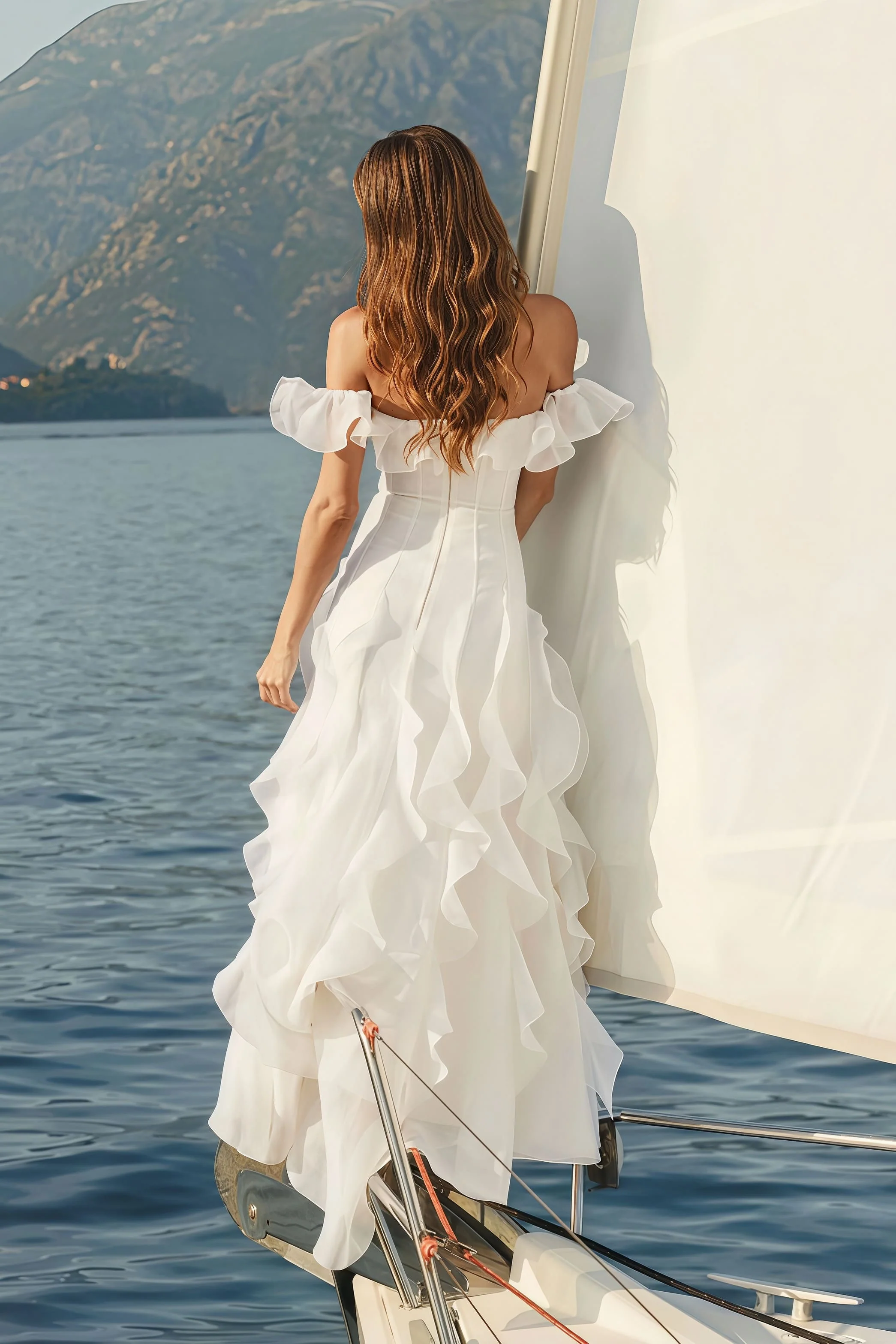 Sweet Off Shoulder Ruffle Tiered Reception Dress - Image 3
