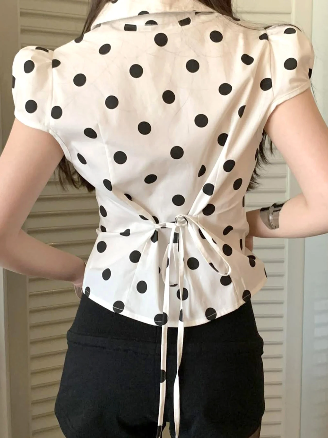 Vintage Polka Dot Print Short Sleeve Loose Versatile Blouse - Image 2