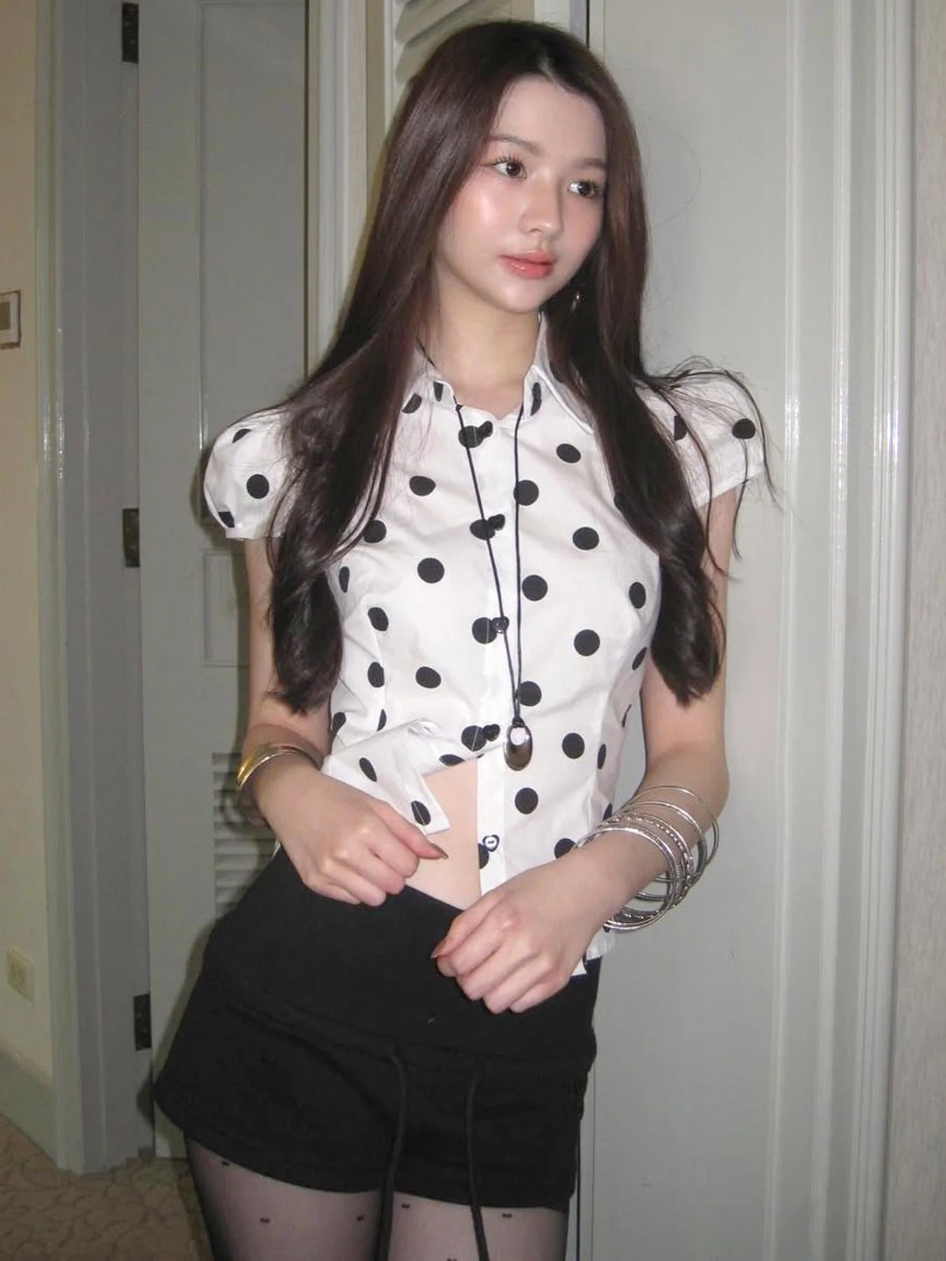 Vintage Polka Dot Print Short Sleeve Loose Versatile Blouse - Image 3