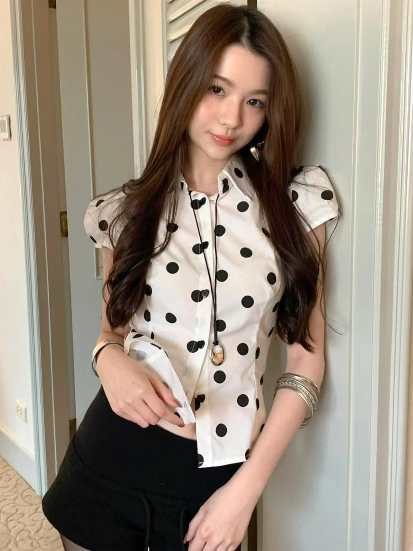 Vintage Polka Dot Print Short Sleeve Loose Versatile Blouse - Image 4