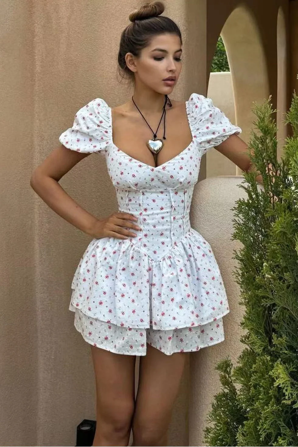 Sweet Tie Waist Ruffle Tier Puff Sleeve Mini Dress - Image 4