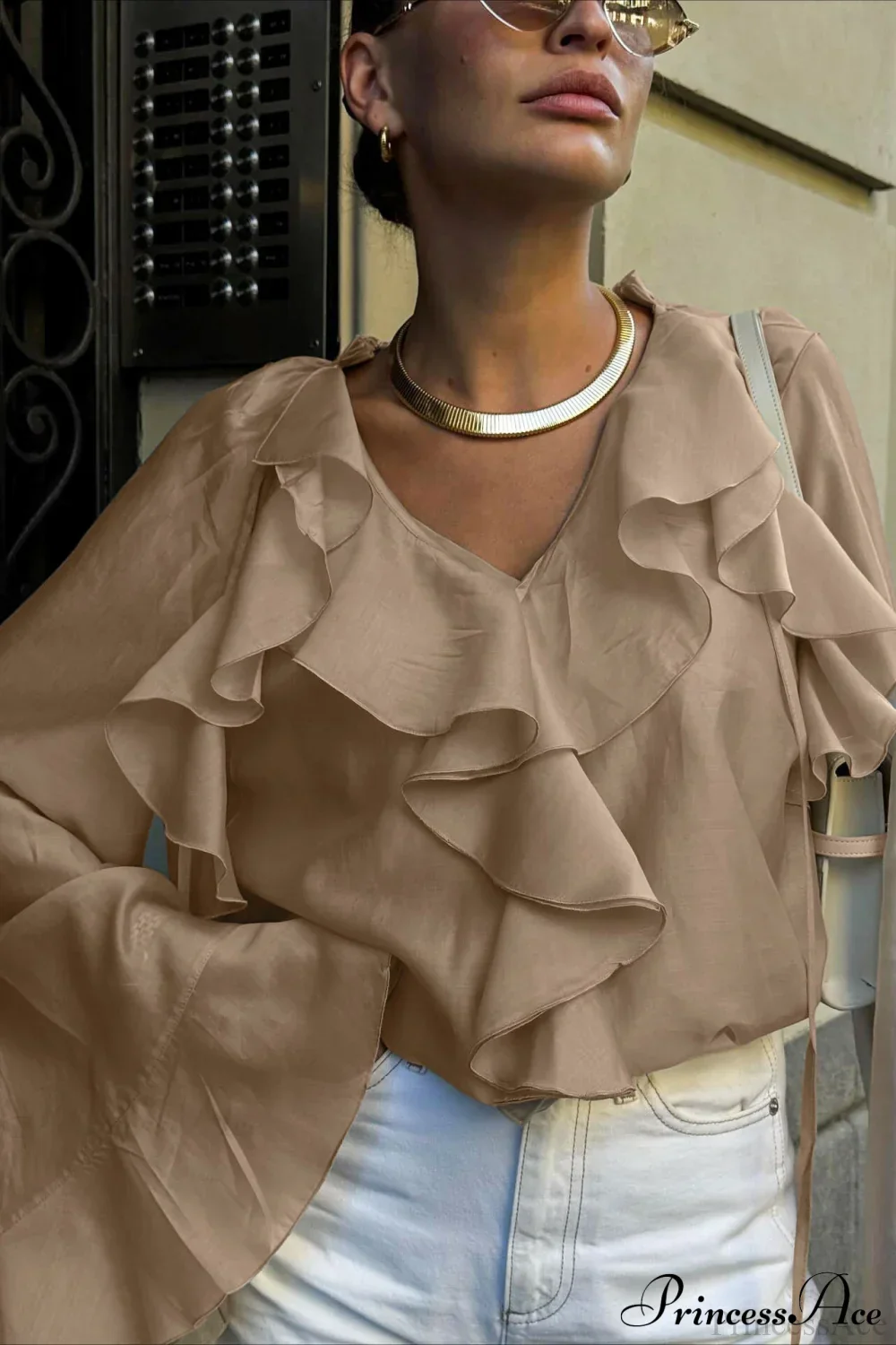 Tencel Ruffled Tie Double Layer Blouse - Image 2