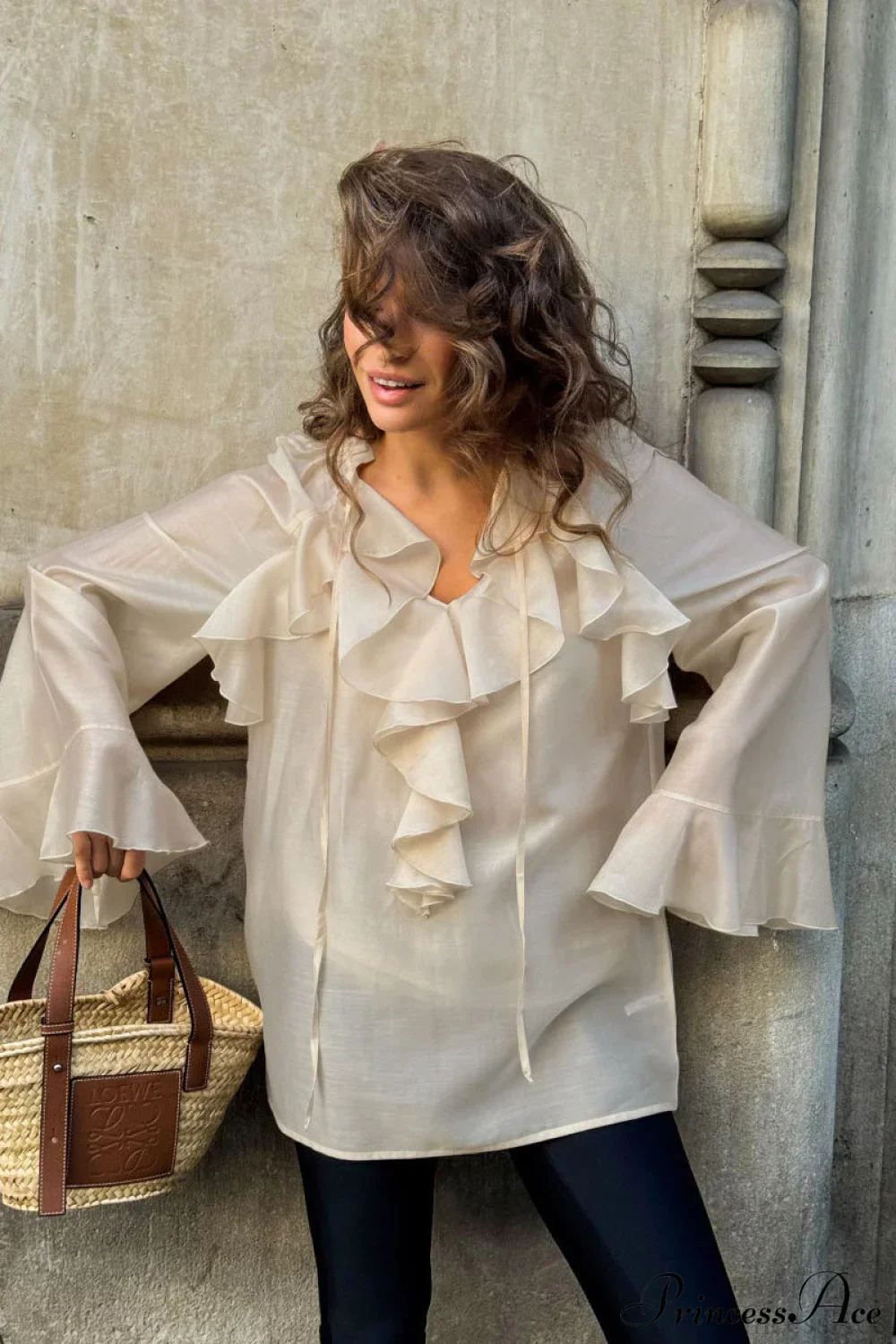 Tencel Ruffled Tie Double Layer Blouse - Image 4