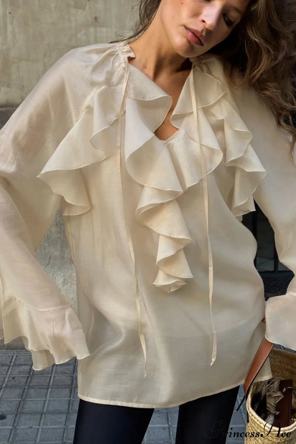 Tencel Ruffled Tie Double Layer Blouse - Image 5