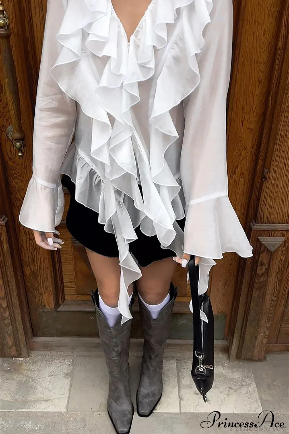 Tencel Ruffled V Neck Flared Sleeve Blouse - Image 3