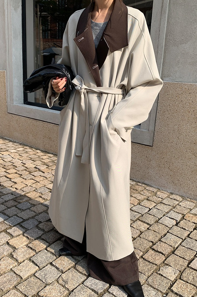 THE MIND British Style Contrast-Collar Long Overcoat - Image 2
