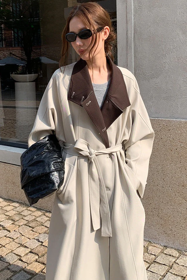 THE MIND British Style Contrast-Collar Long Overcoat - Image 3