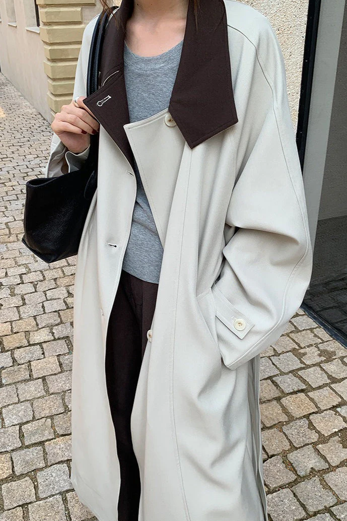 THE MIND British Style Contrast-Collar Long Overcoat - Image 5
