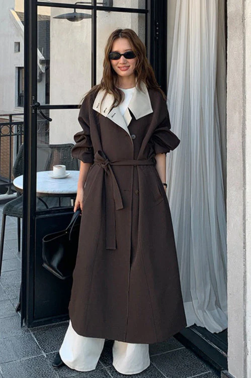 THE MIND British Style Contrast-Collar Long Overcoat - Image 6