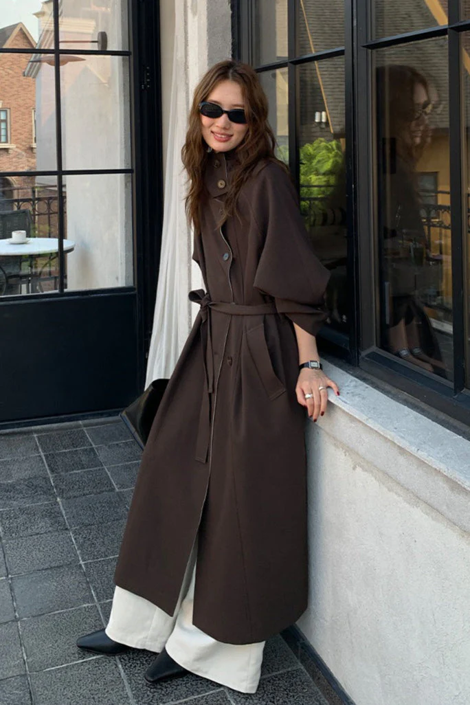 THE MIND British Style Contrast-Collar Long Overcoat - Image 8