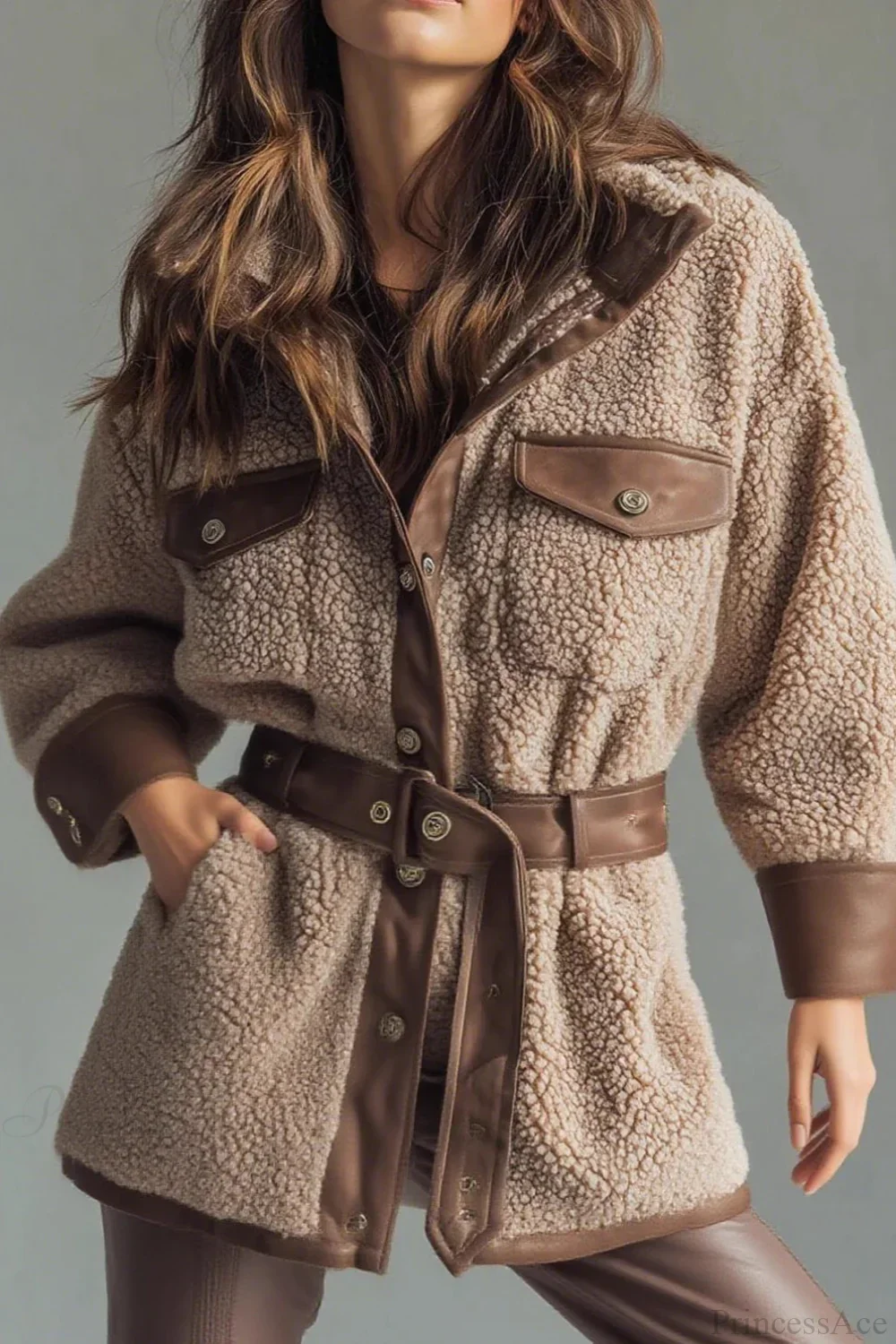 Thick Fleece PU Panel Pocket Belted Retro Coat - Image 2