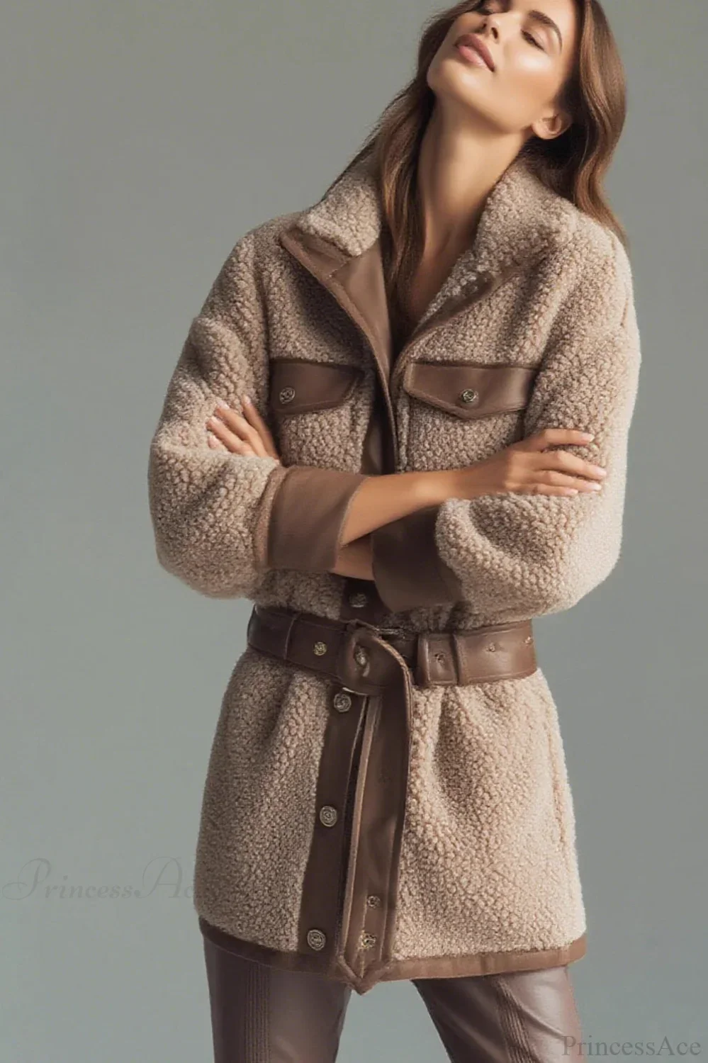 Thick Fleece PU Panel Pocket Belted Retro Coat - Image 3