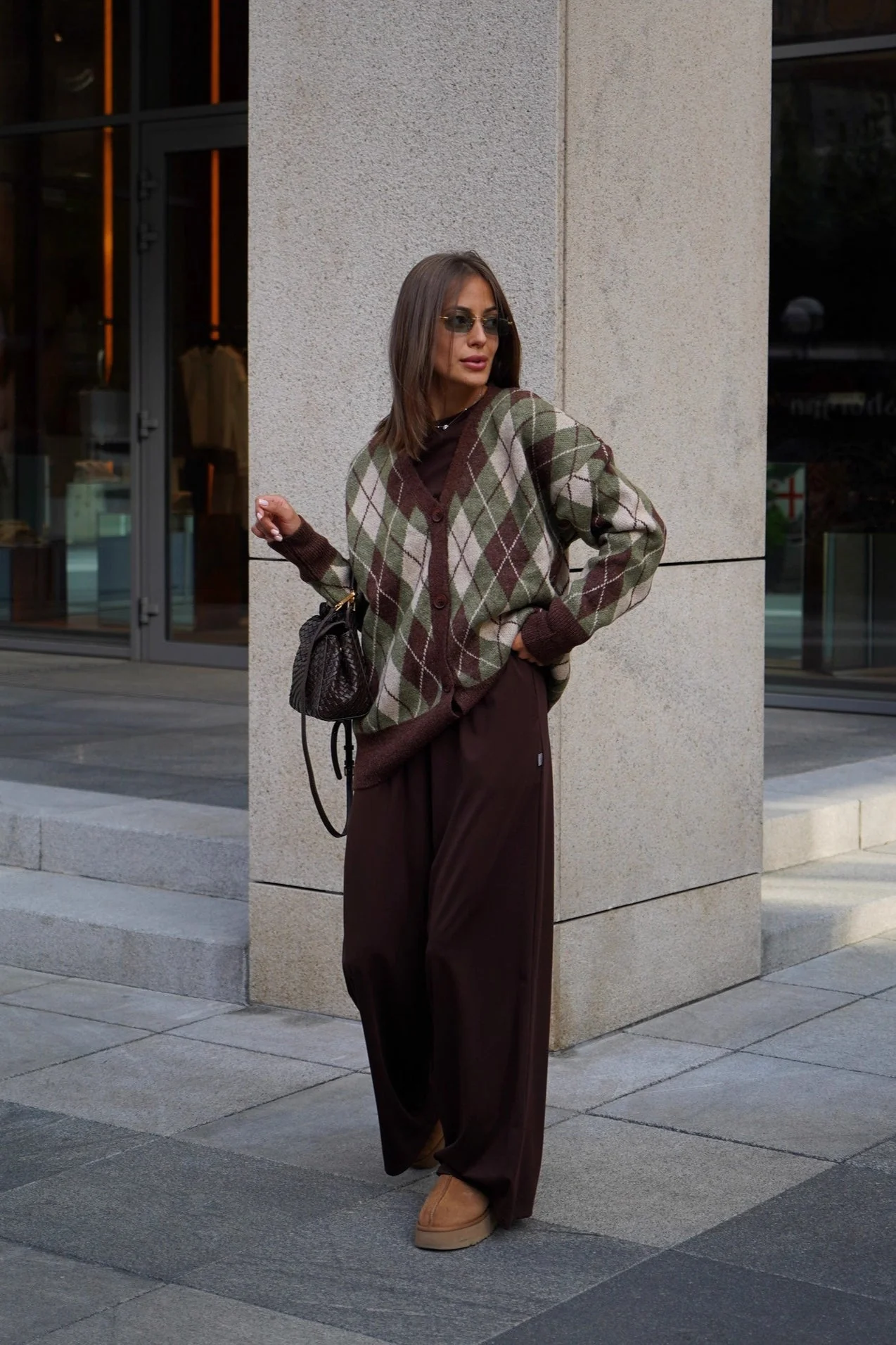 Thick Plaid V Neck Loose Long Sleeve Knit Cardigan - Image 2