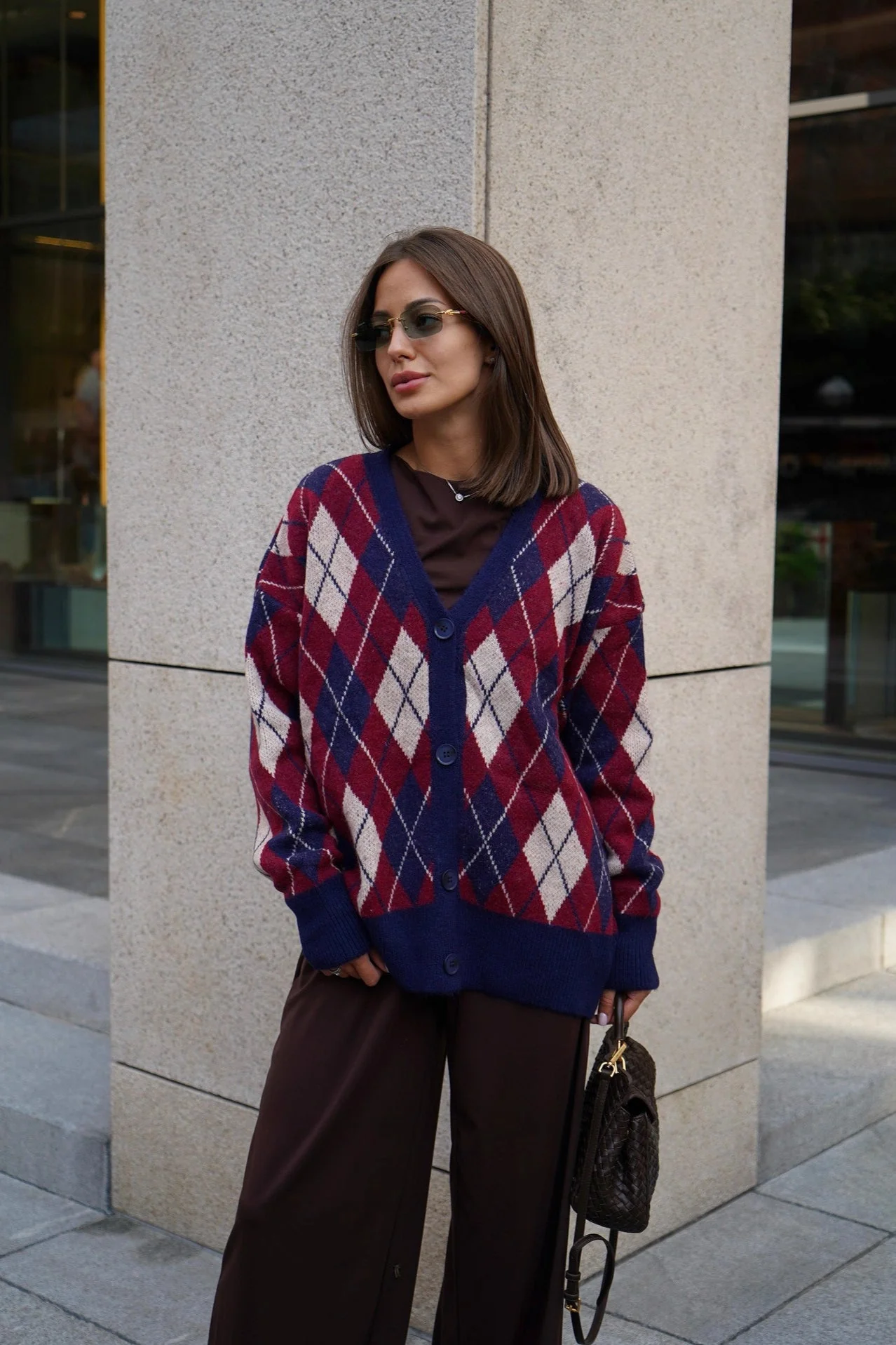 Thick Plaid V Neck Loose Long Sleeve Knit Cardigan - Image 4