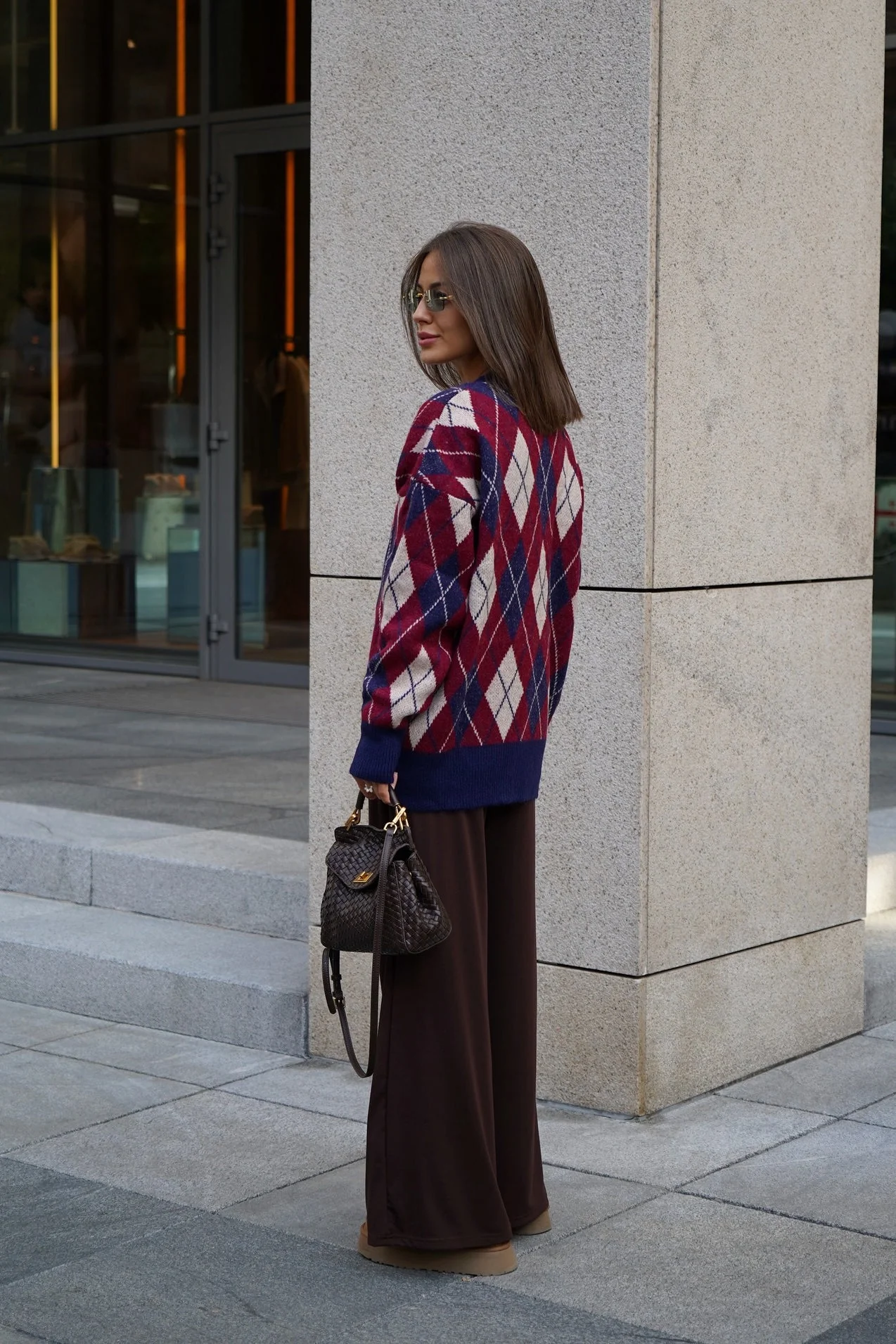 Thick Plaid V Neck Loose Long Sleeve Knit Cardigan - Image 5