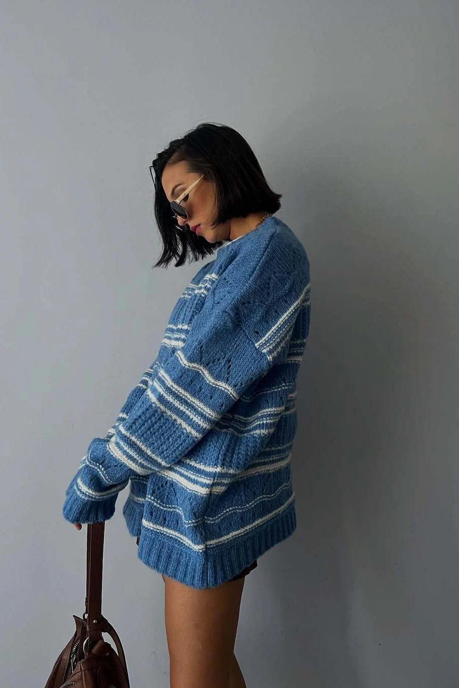 Thick Striped Knit Vintage Crew Neck Sweater - Image 5