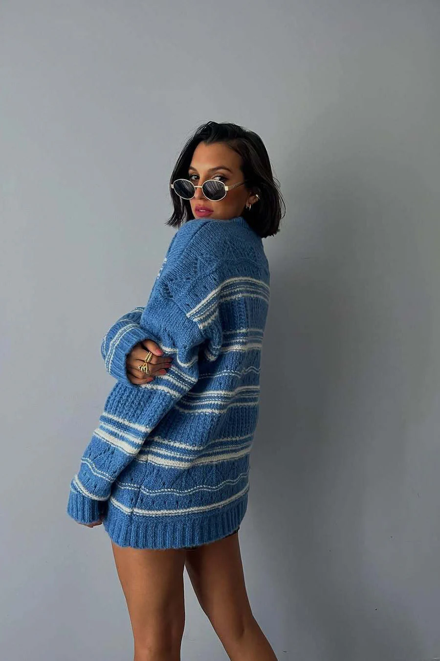 Thick Striped Knit Vintage Crew Neck Sweater - Image 6