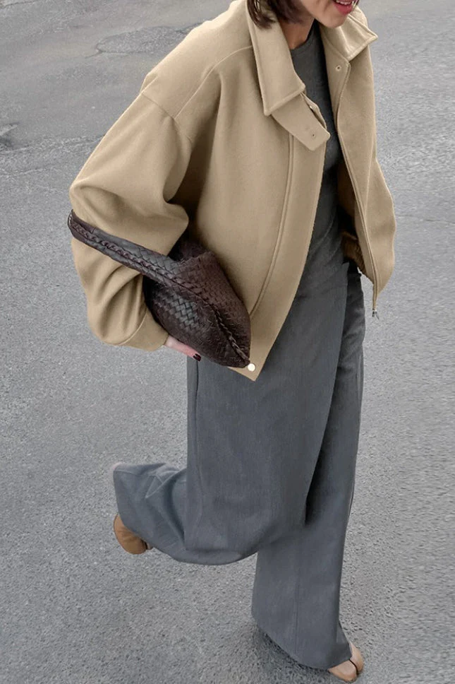 Thick Wool Blend Collared Loose Commuter Jacket - Image 4