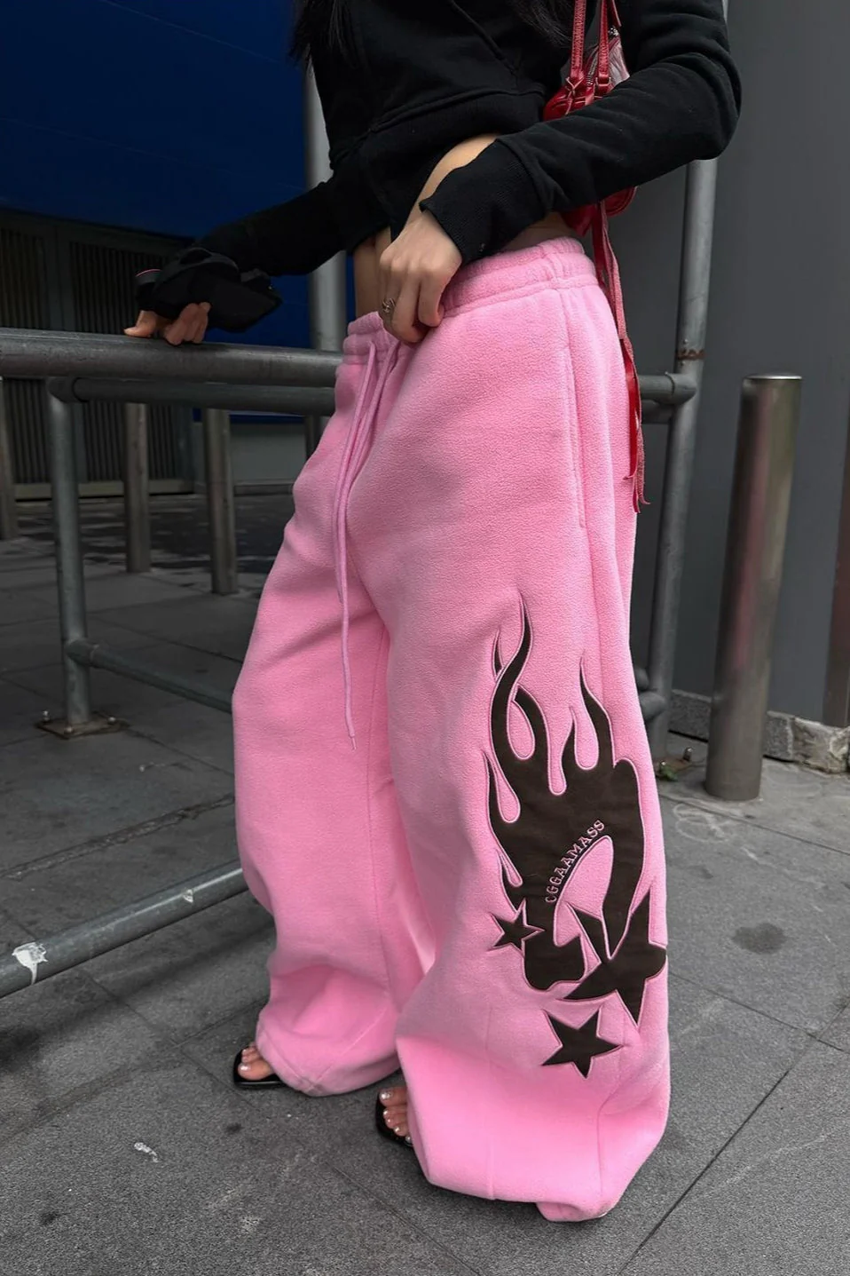 Thickened Flame Print Drawstring Wide-Leg Pants - Image 2
