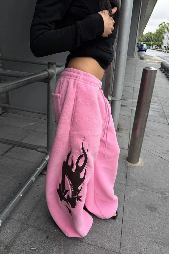 Thickened Flame Print Drawstring Wide-Leg Pants - Image 3
