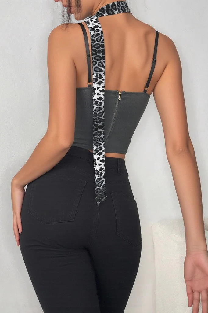 Tie Bustier Leopard Patchwork Color Block Cami Top - Image 5