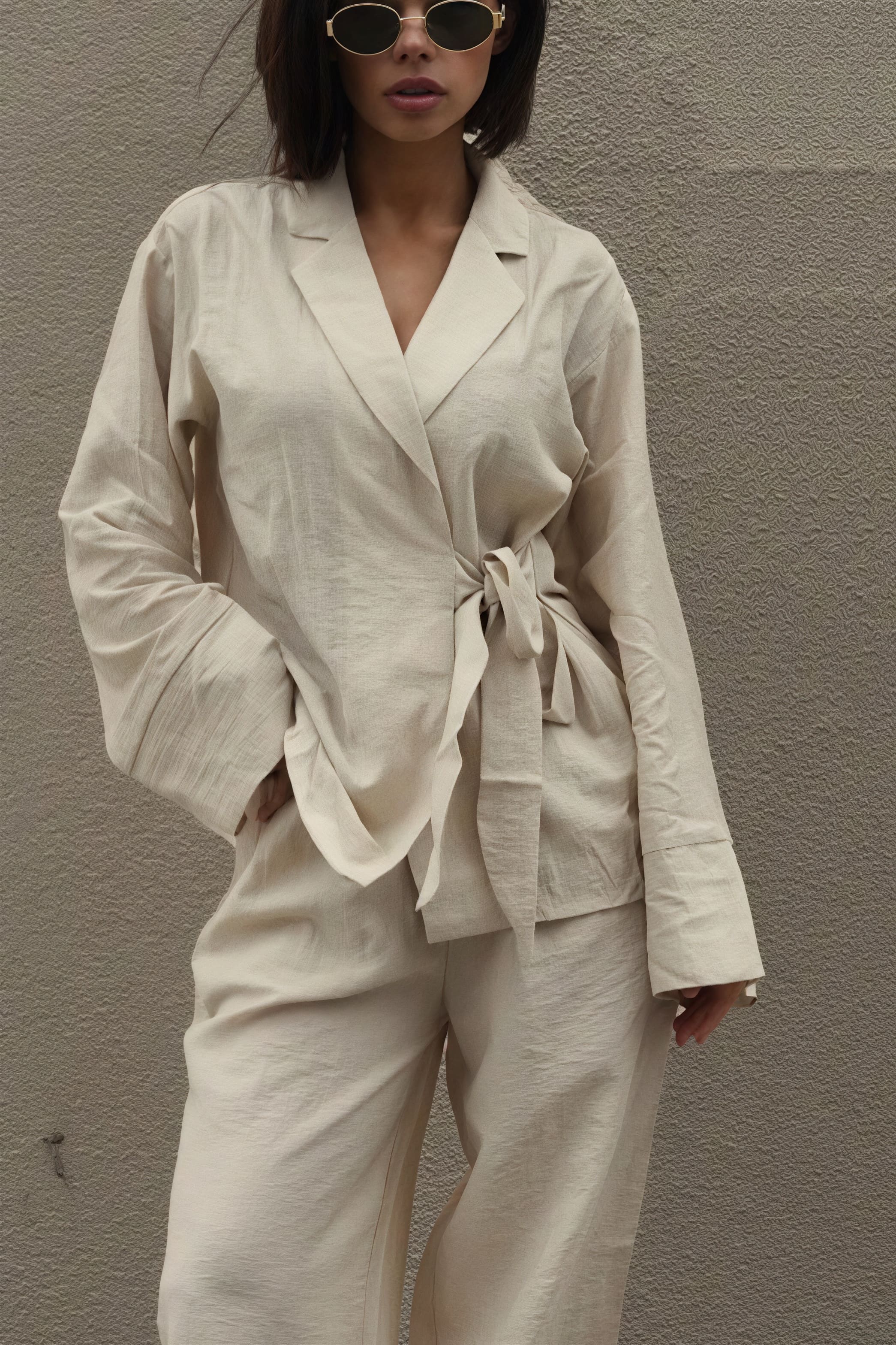 Tie Front Cardigan Loose Pants Two Piece Set - Image 3