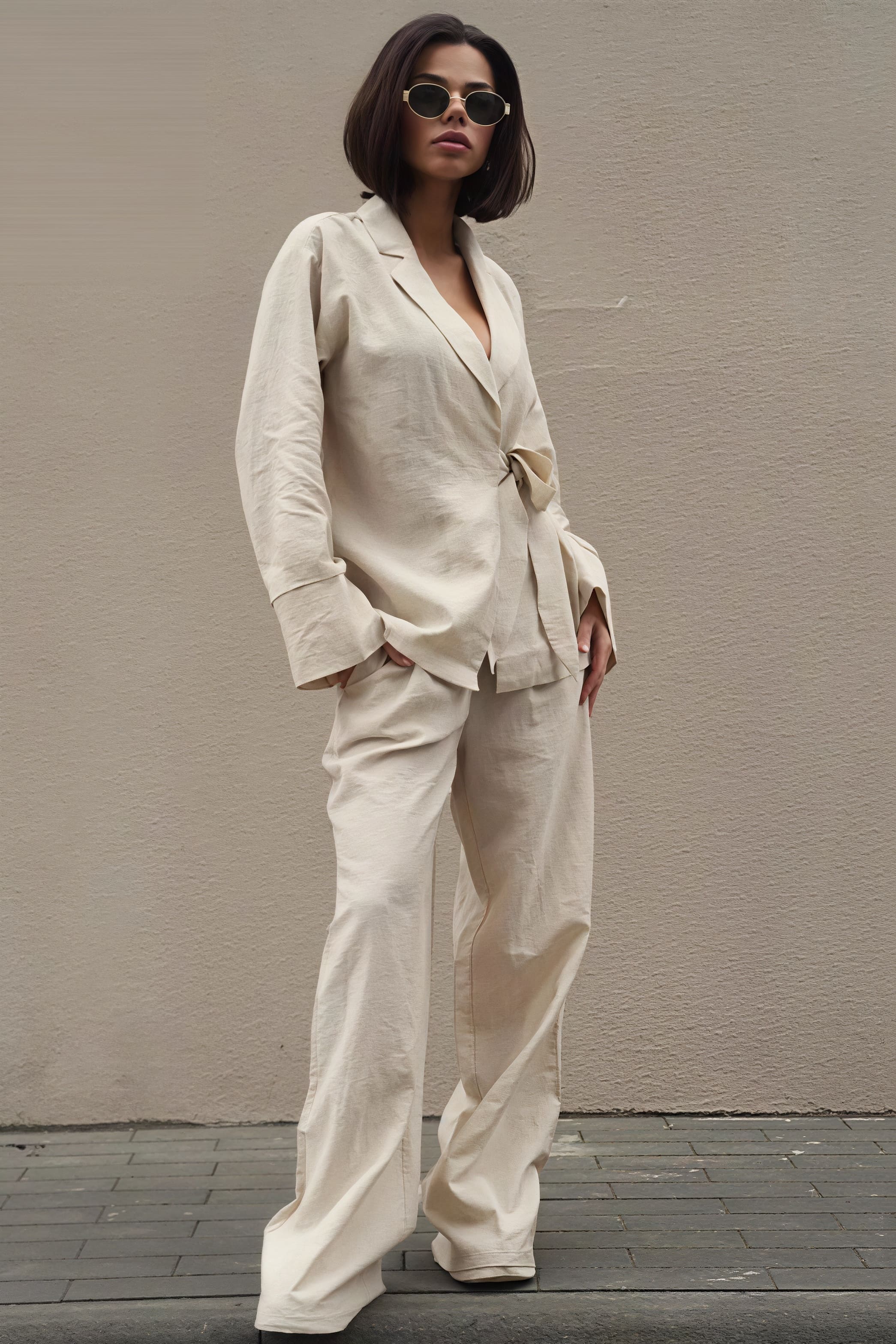 Tie Front Cardigan Loose Pants Two Piece Set - Image 4