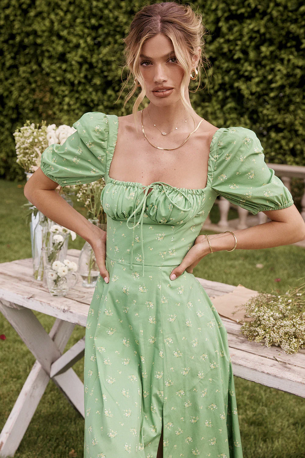 Tie Side Puff Sleeve Slit Floral Dress - Image 2