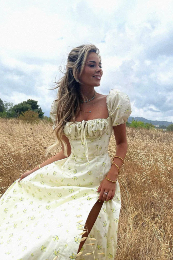 Tie Side Puff Sleeve Slit Floral Dress - Image 4