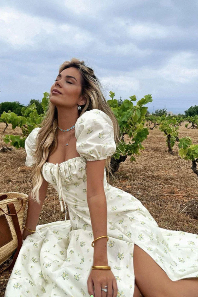 Tie Side Puff Sleeve Slit Floral Dress - Image 5