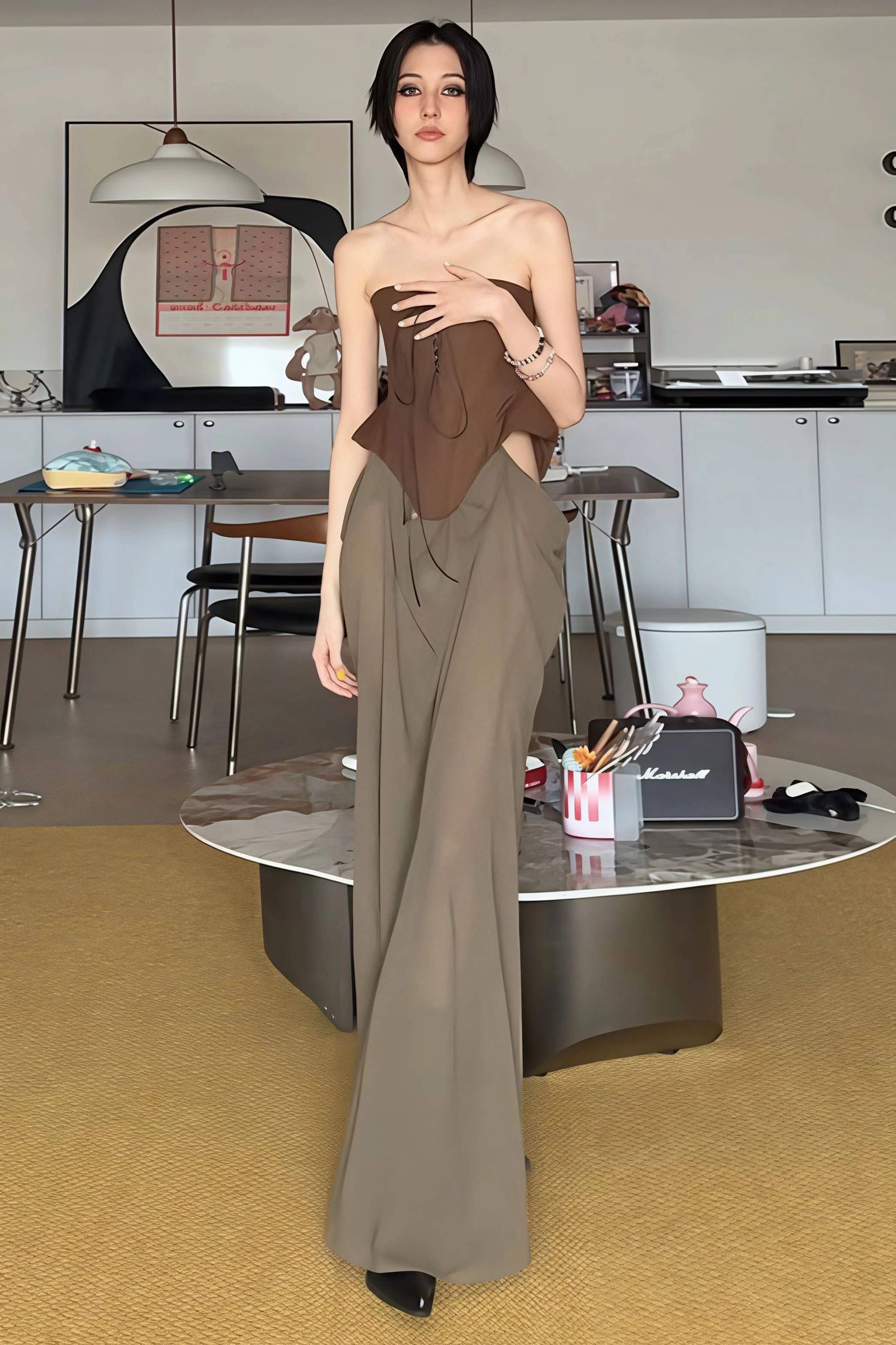 Tie Strapless High Waist Color Block Patchwork Maxi Dress - Image 3