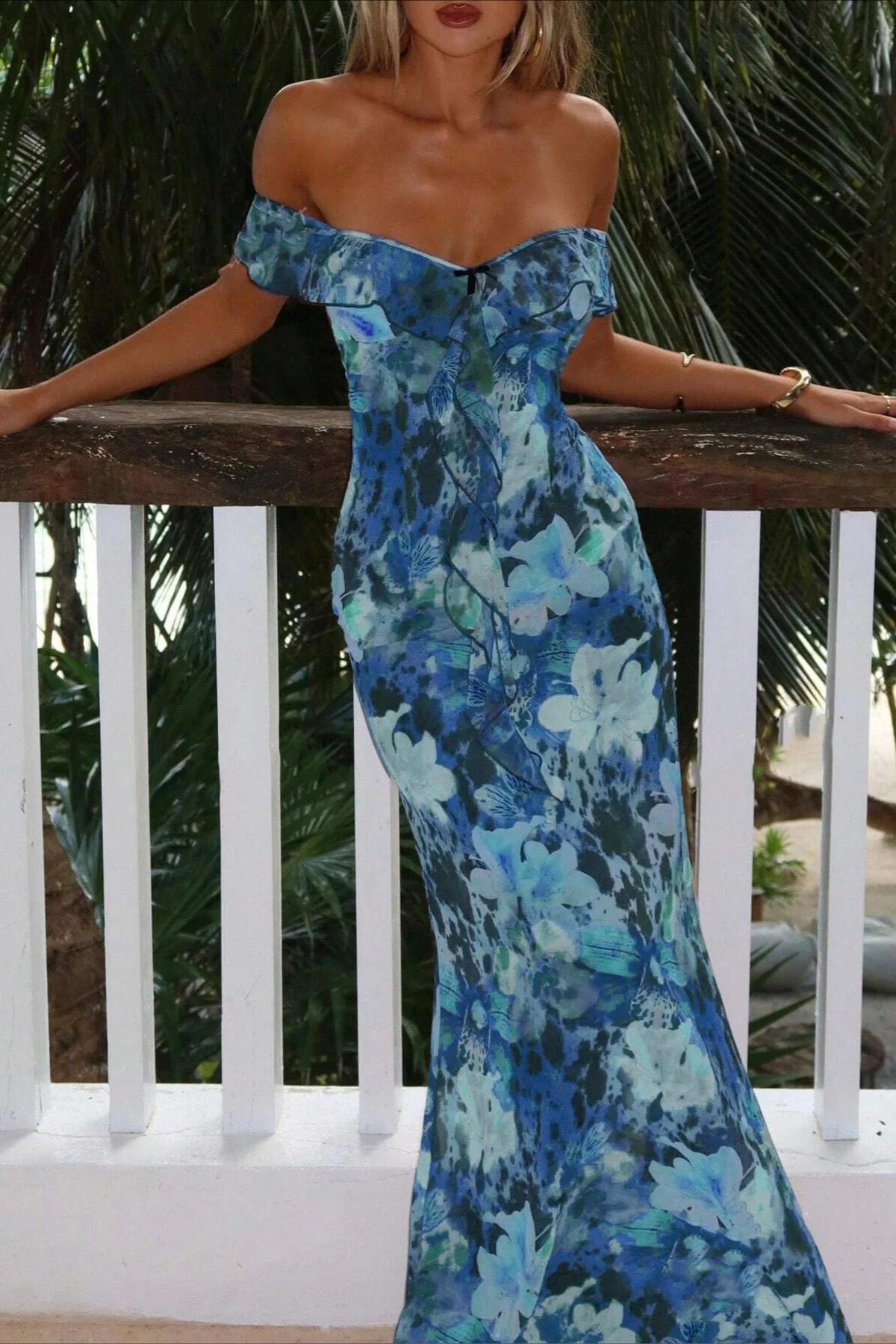 Tie Strapless Ruffled Print Sexy Bodycon Maxi Dress - Image 11