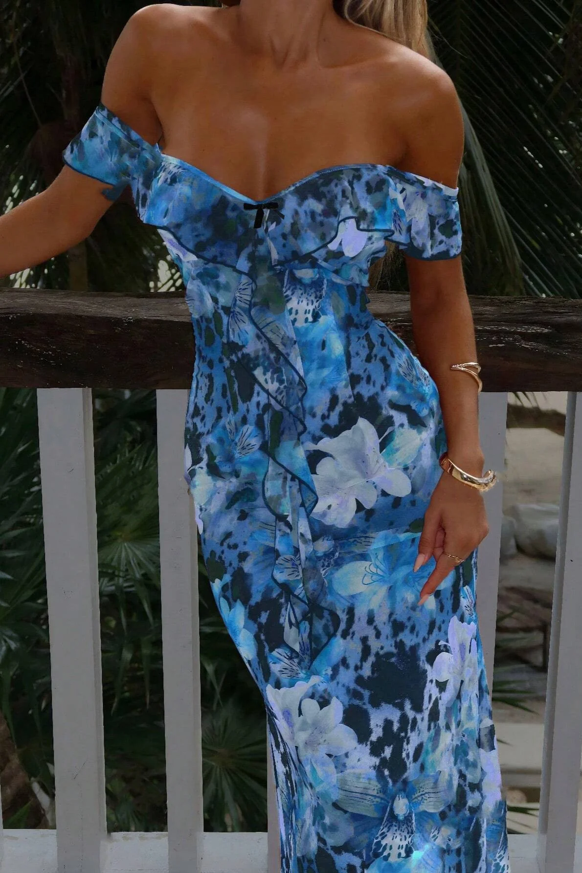 Tie Strapless Ruffled Print Sexy Bodycon Maxi Dress - Image 12