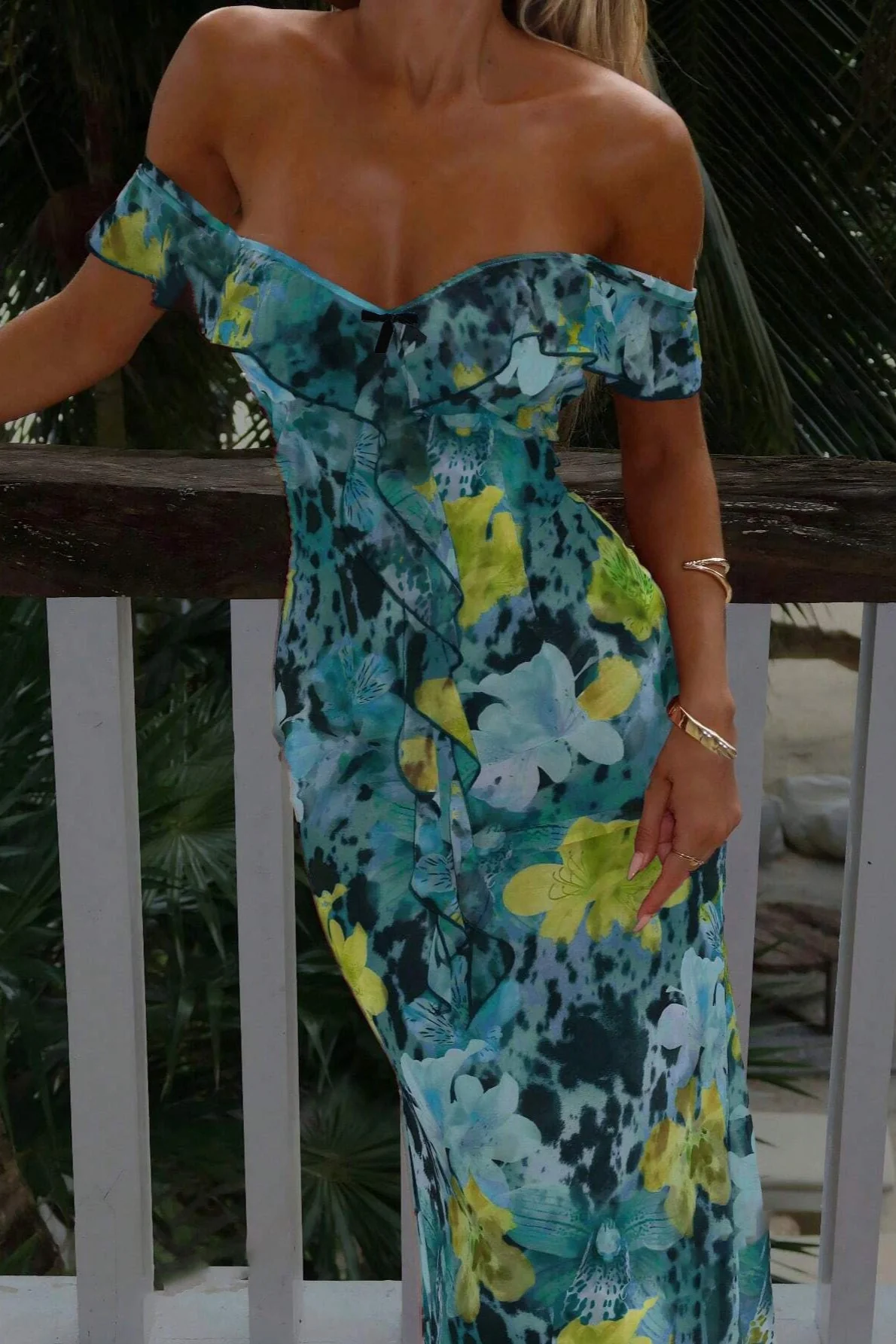 Tie Strapless Ruffled Print Sexy Bodycon Maxi Dress - Image 8