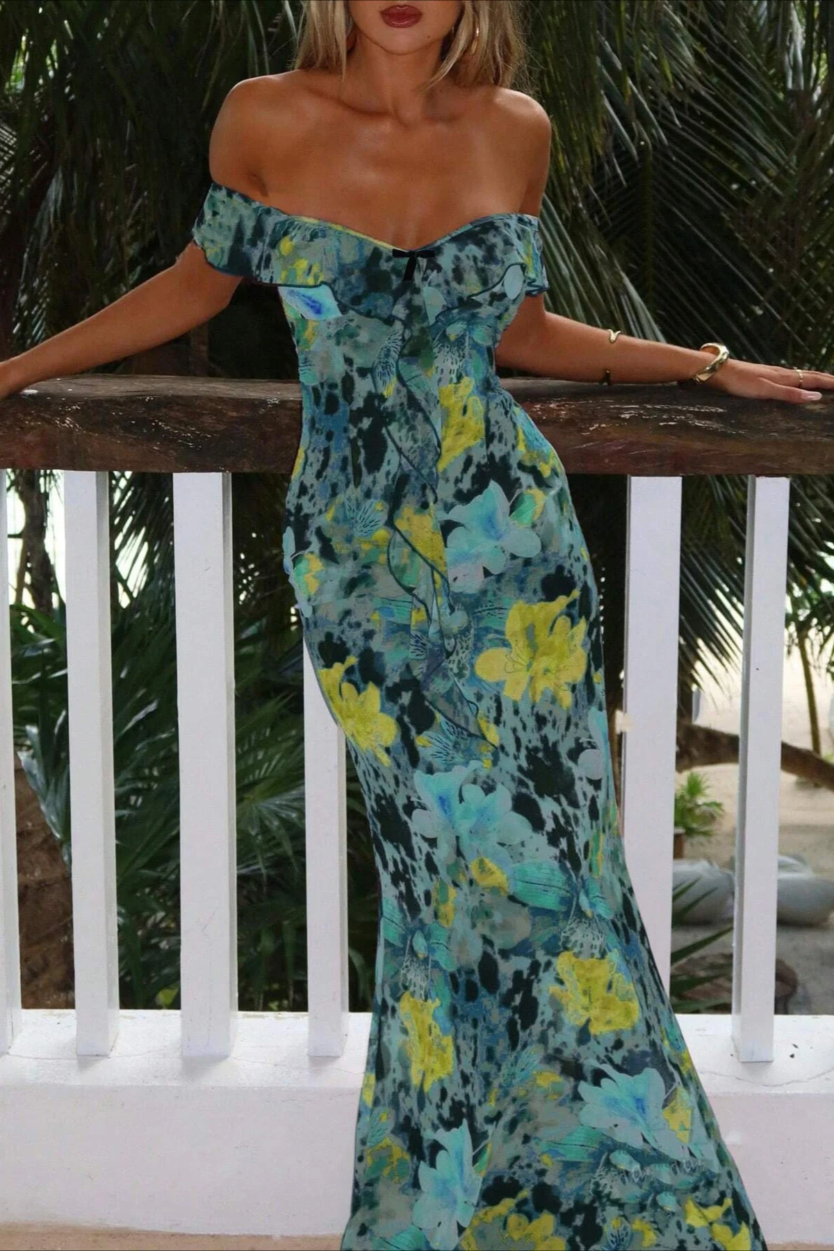 Tie Strapless Ruffled Print Sexy Bodycon Maxi Dress - Image 9